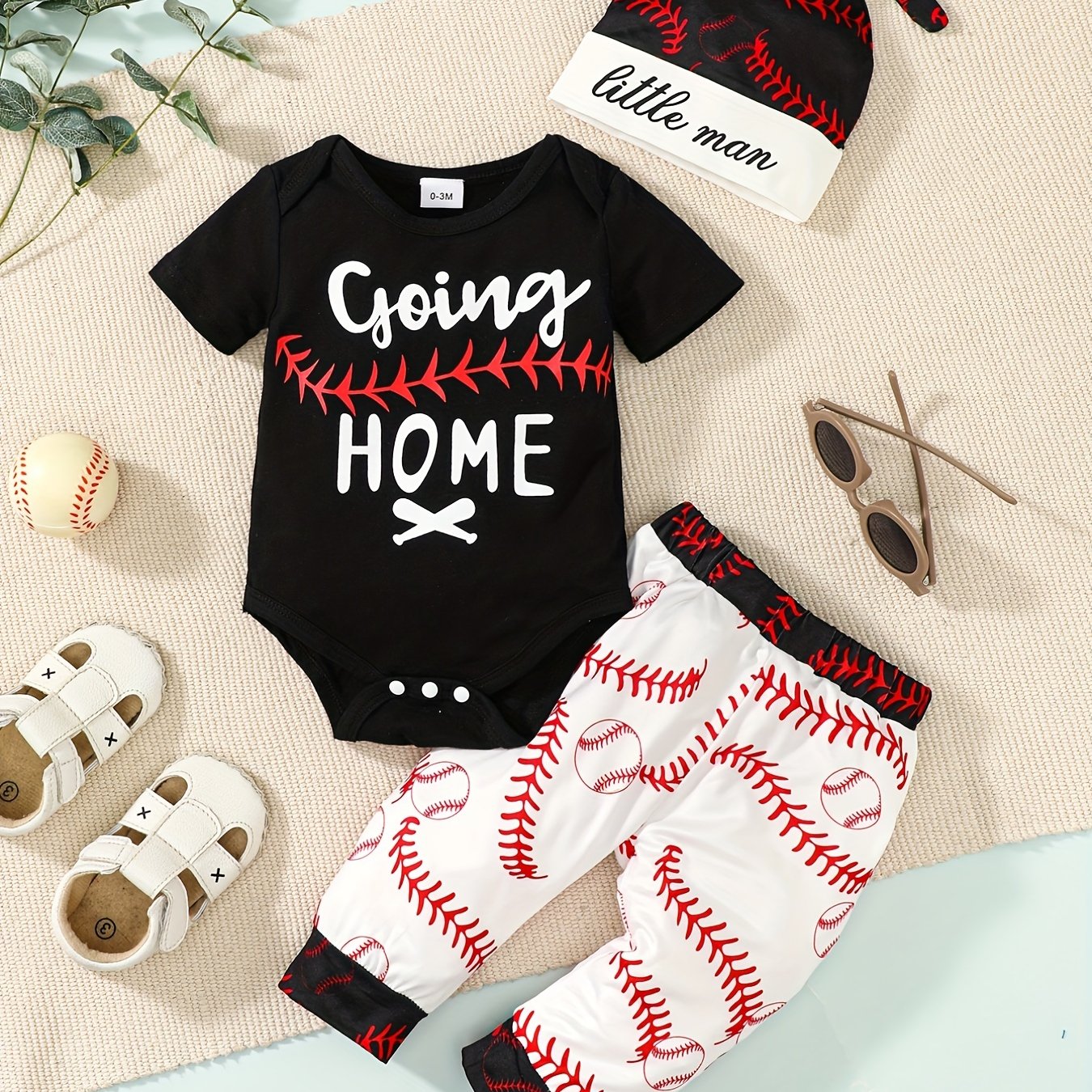 3pcs Newborn Infant "GOING HOME" Graphic Bodysuit Onesies & Elastic Waist Baseball Graphic Pants & Hat Set, Baby Boys Toddler Summer Clothes