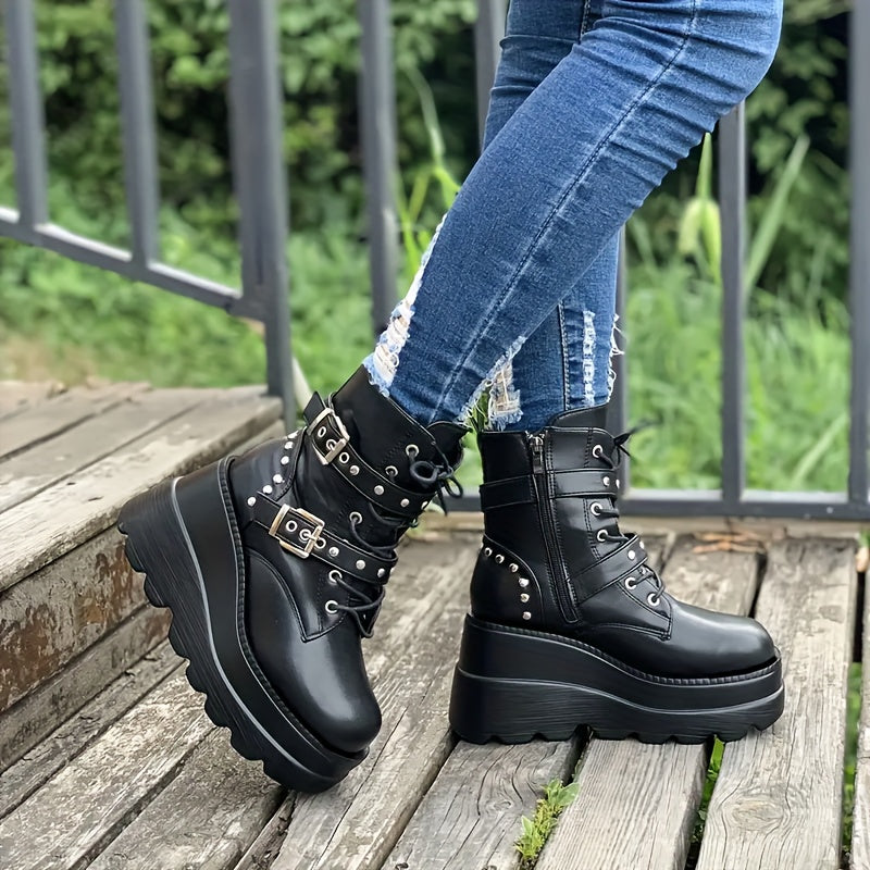 Damen-Chunky-Plateau-Stiefel – Gothic-Punk-Stiefel mit Schnürverschluss, dicken Plateauabsätzen für mehr Höhe, PU-Sohle – Markante Gothic-Punk-Schuhe für Konzerte, Partys und den Alltag