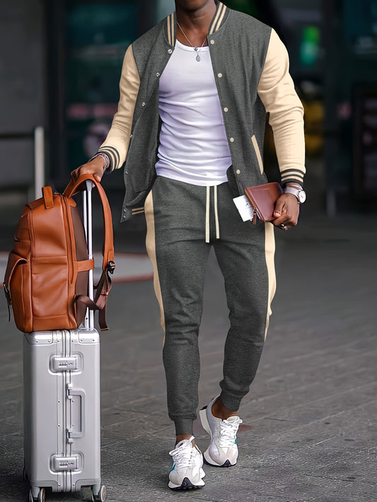 Herren Freizeit-Set mit Baseballkragen – Farbblock Sweatshirt mit langen Ärmeln und Jogginghose, gewebter Polyester-Anzug mit Knopfdetails, Frühling/Herbst