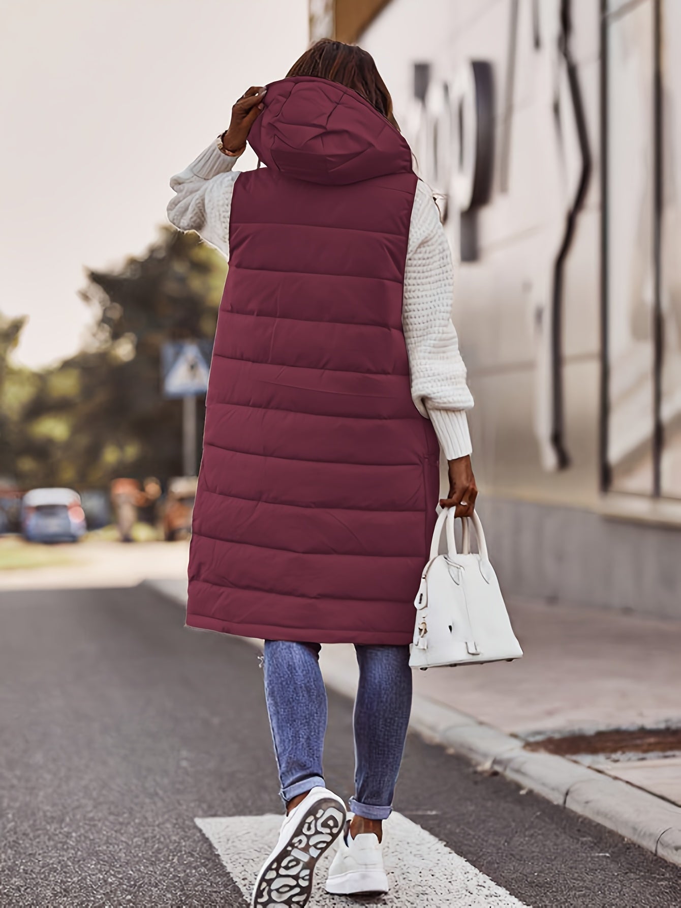 Damen-Kapuzenmantel mit Knopfleiste – Ärmelloser langer Casual-Mantel