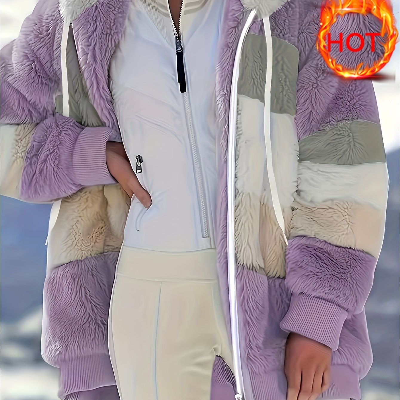 Damen Colorblock-Fleecejacke – Kapuzenjacke mit Reißverschluss & Kordelzug