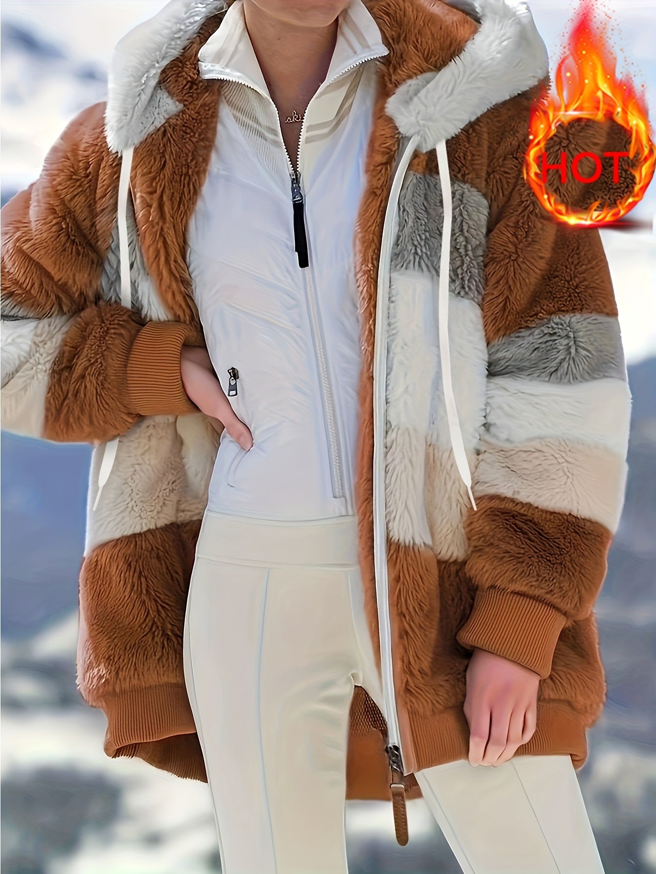 Damen Colorblock-Fleecejacke – Kapuzenjacke mit Reißverschluss & Kordelzug