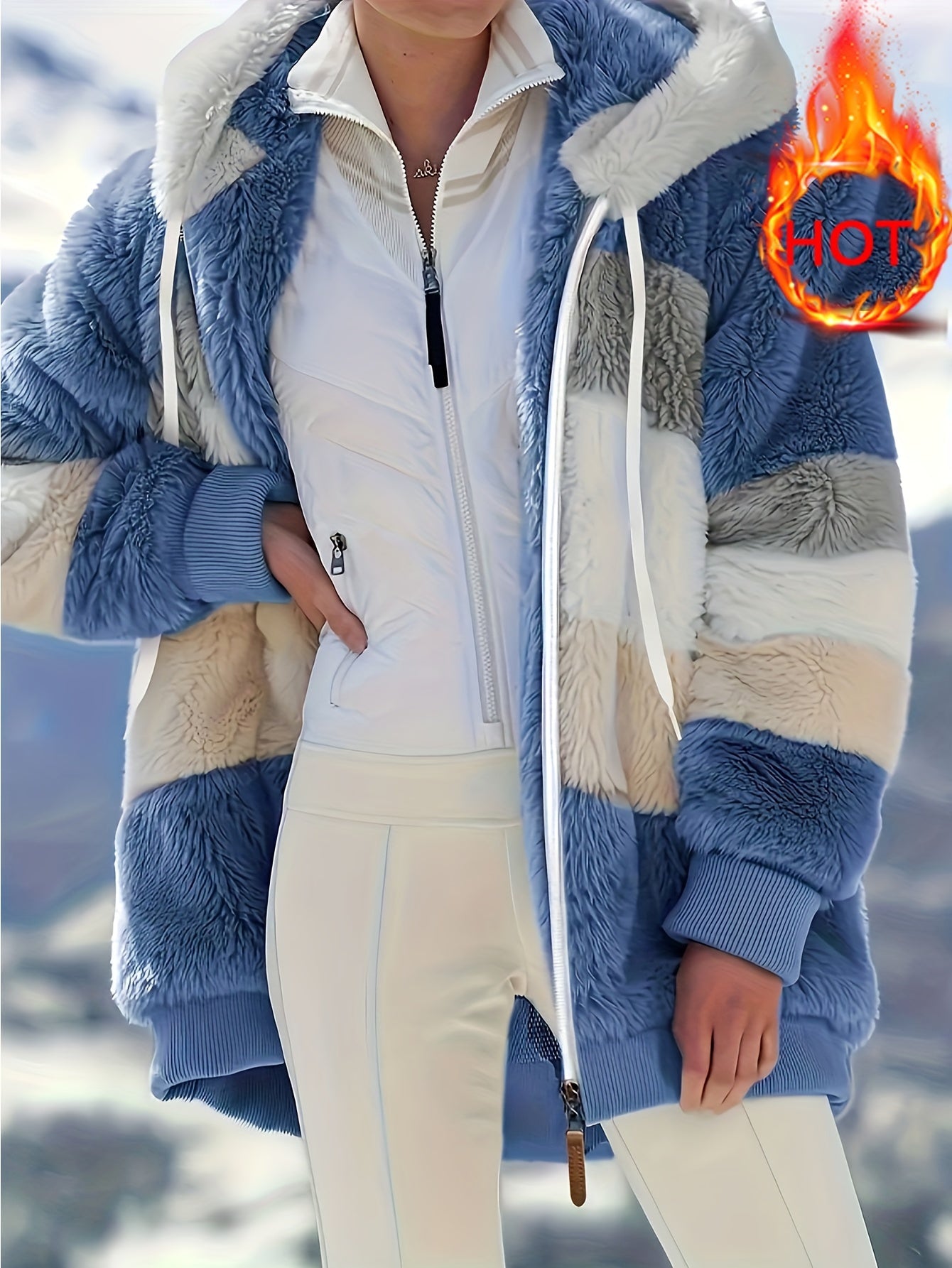 Damen Colorblock-Fleecejacke – Kapuzenjacke mit Reißverschluss & Kordelzug