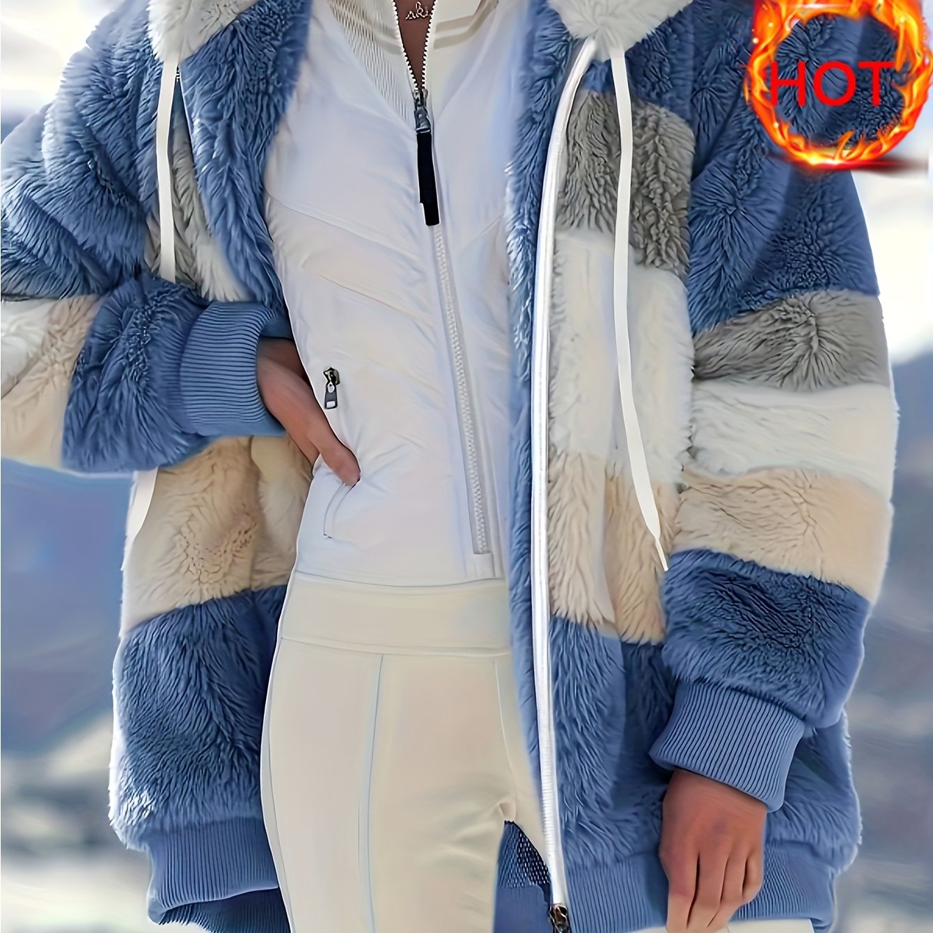 Damen Colorblock-Fleecejacke – Kapuzenjacke mit Reißverschluss & Kordelzug