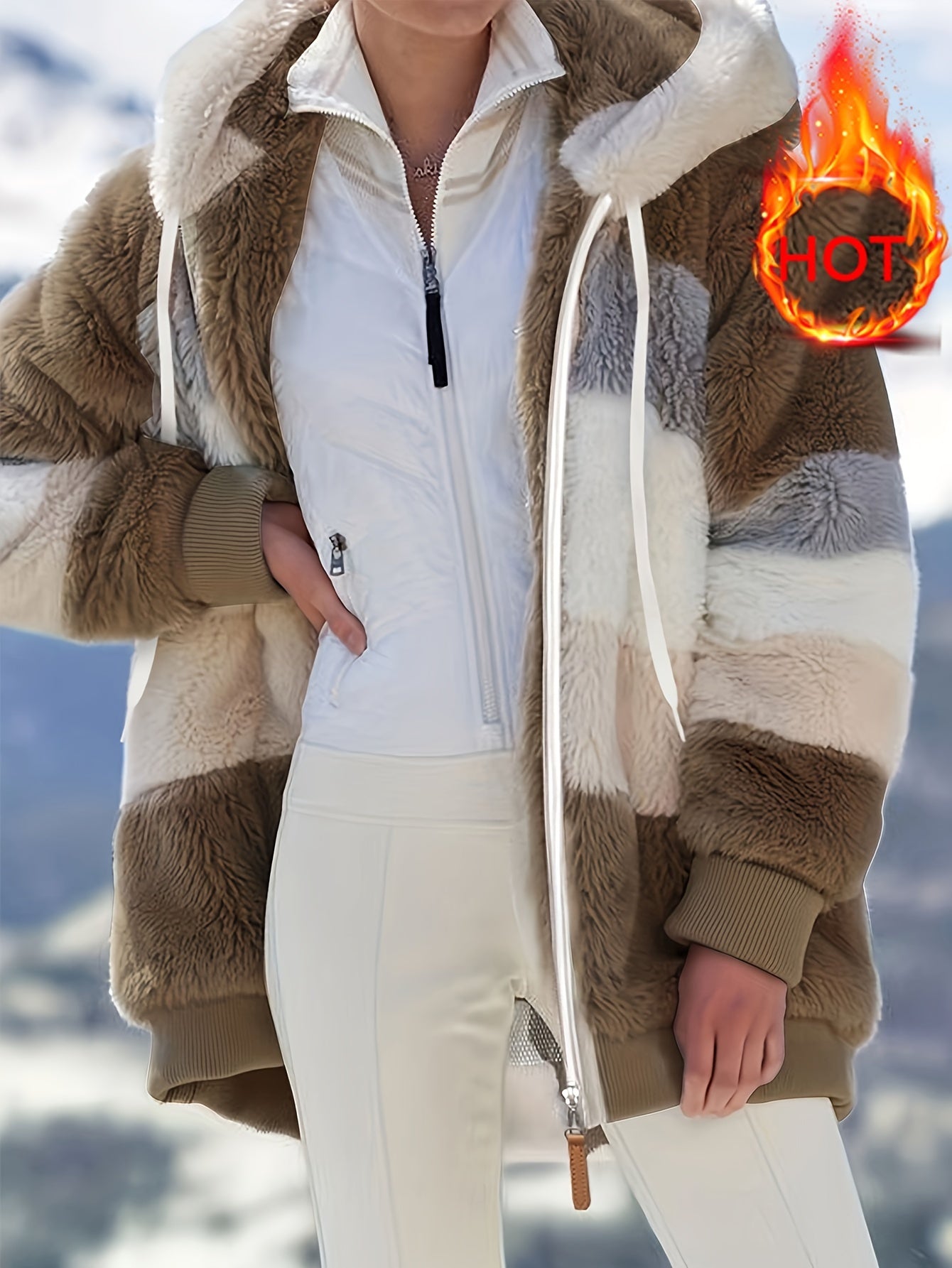 Damen Colorblock-Fleecejacke – Kapuzenjacke mit Reißverschluss & Kordelzug