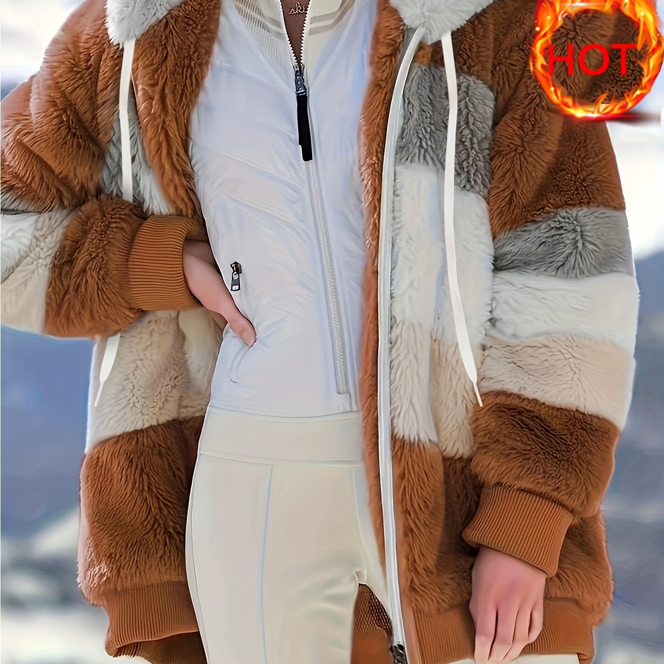 Damen Colorblock-Fleecejacke – Kapuzenjacke mit Reißverschluss & Kordelzug