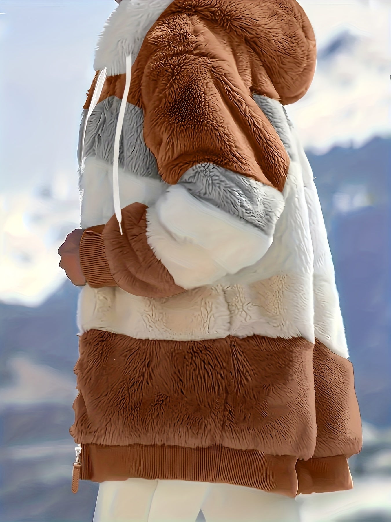 Damen Colorblock-Fleecejacke – Kapuzenjacke mit Reißverschluss & Kordelzug