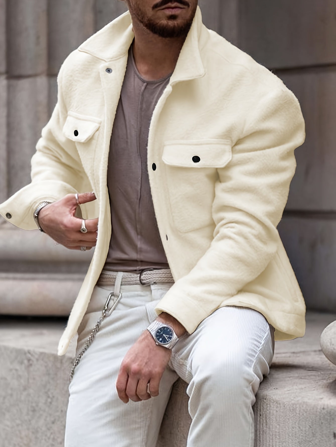 Herren Fashion-Klassik Fleecejacke – Mit umklappbarem Kragen und Druckknöpfen, weiches Strickfleece, lässig