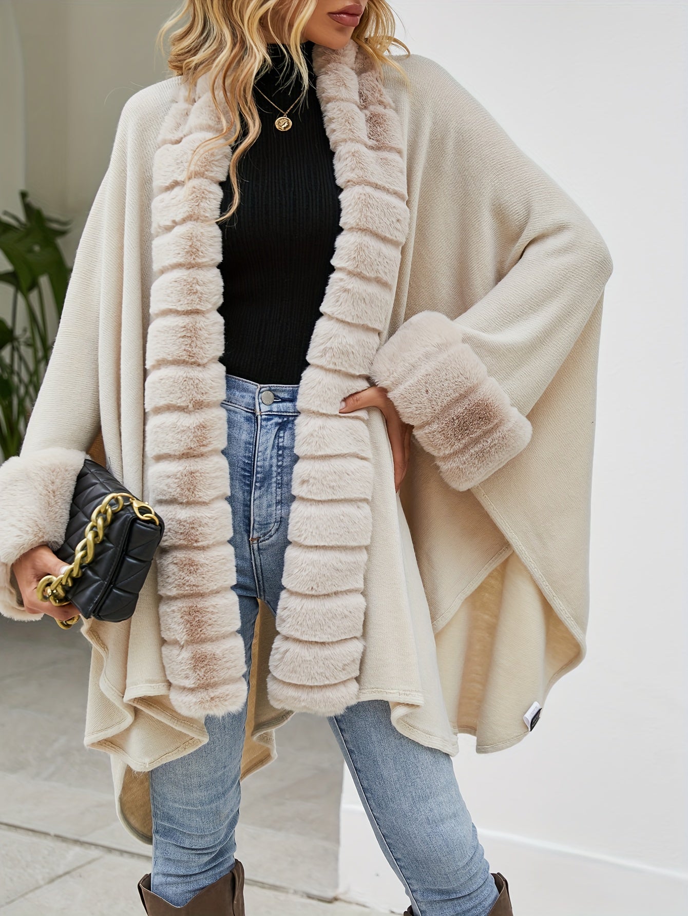 Offener Cardigan mit Kunstpelzbesatz, einfarbiger Cape-Cardigan mit Fledermausärmeln, Damenbekleidung“