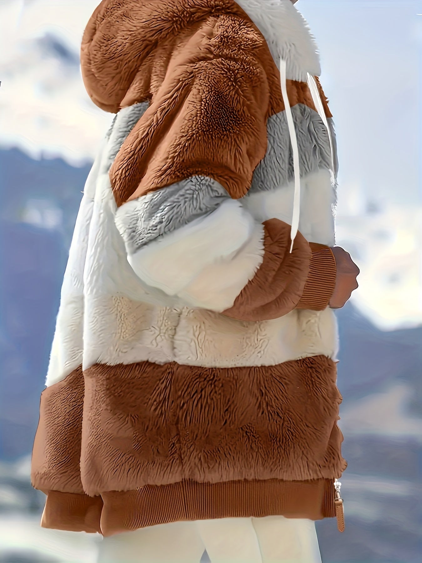 Damen Colorblock-Fleecejacke – Kapuzenjacke mit Reißverschluss & Kordelzug