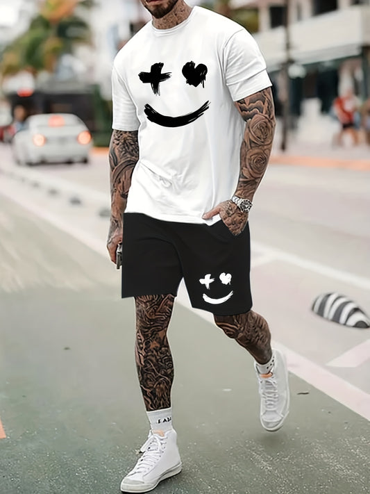 2-teiliges Trend-Outfit für Herren mit „Big Smile“-Muster  Lässiges Set aus Rundhals-T-Shirt mit kurzen Ärmeln und Shorts