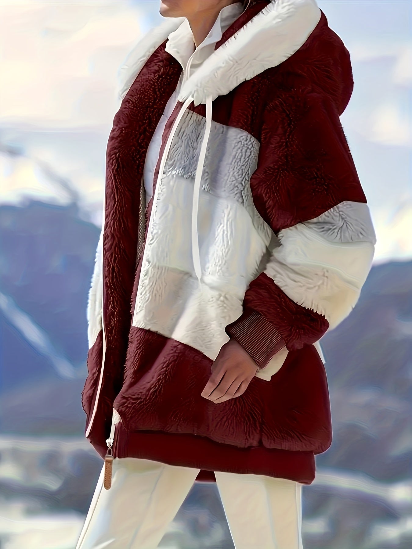 Damen Colorblock-Fleecejacke – Kapuzenjacke mit Reißverschluss & Kordelzug