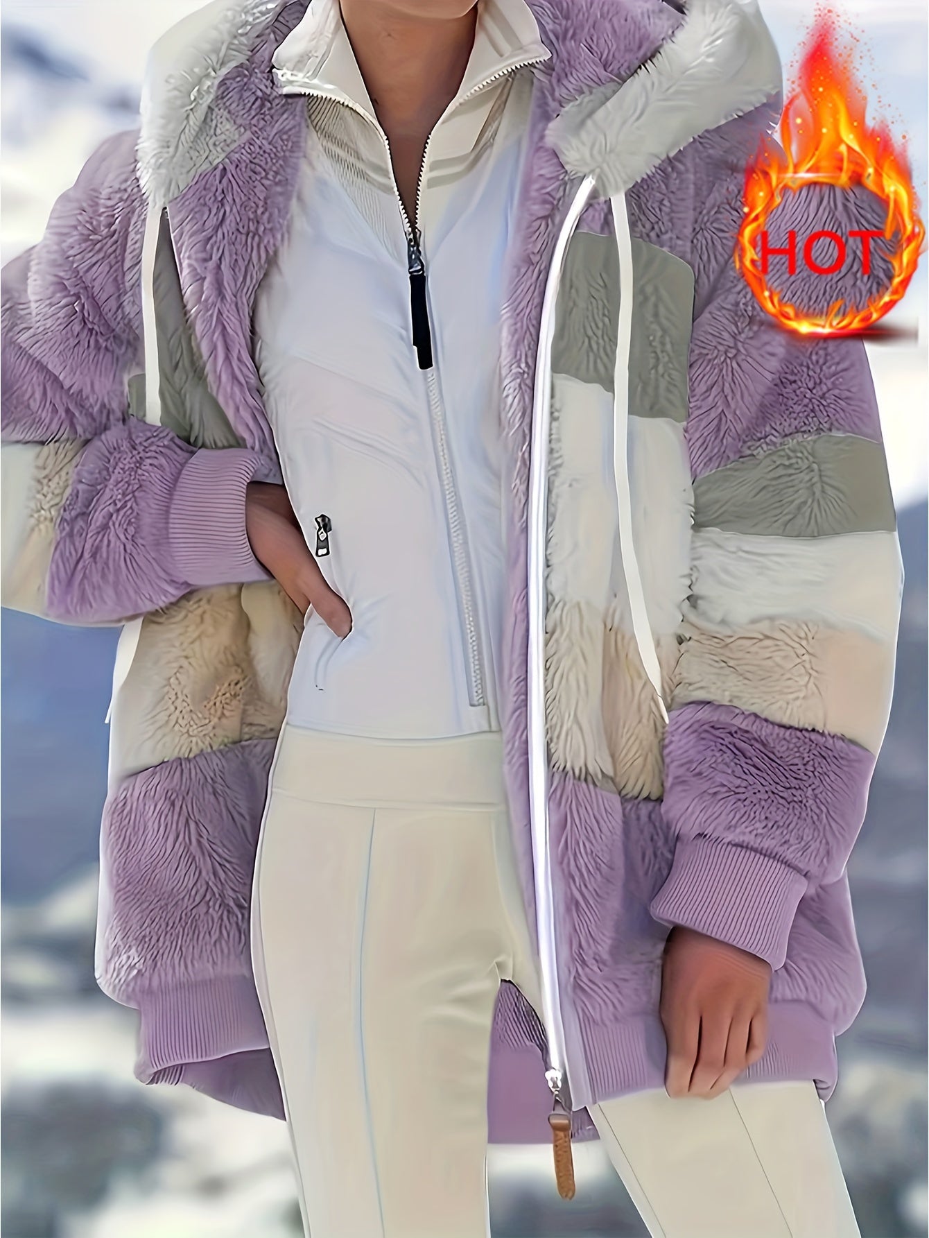 Damen Colorblock-Fleecejacke – Kapuzenjacke mit Reißverschluss & Kordelzug