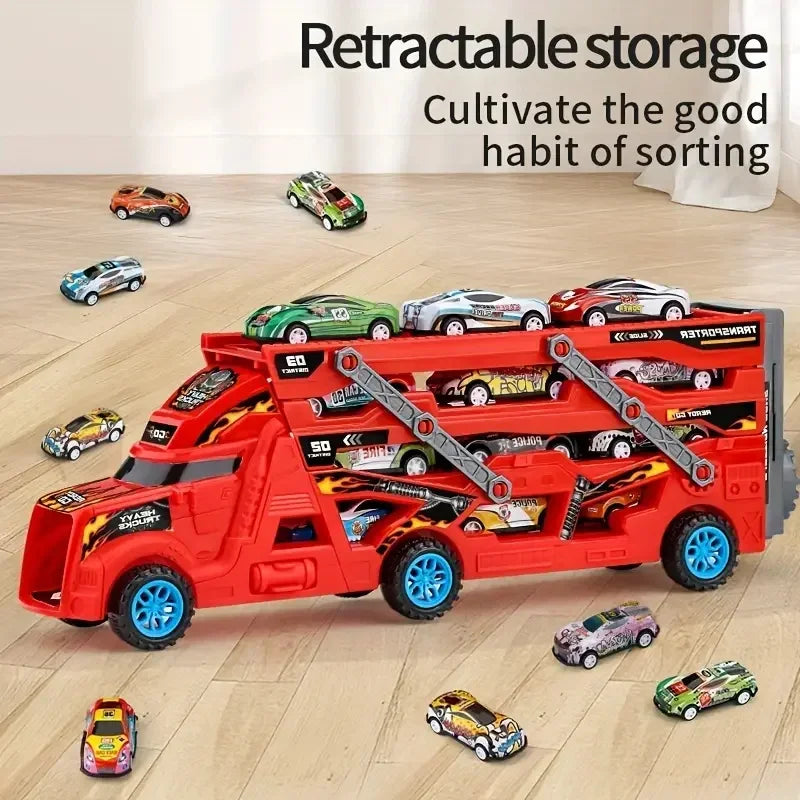 Großer Kinder-LKW / Transformations-Transporter, Fahrzeugmodelle, pädagogisches Modell, faltbare Rennstrecke, Rennfahrzeug