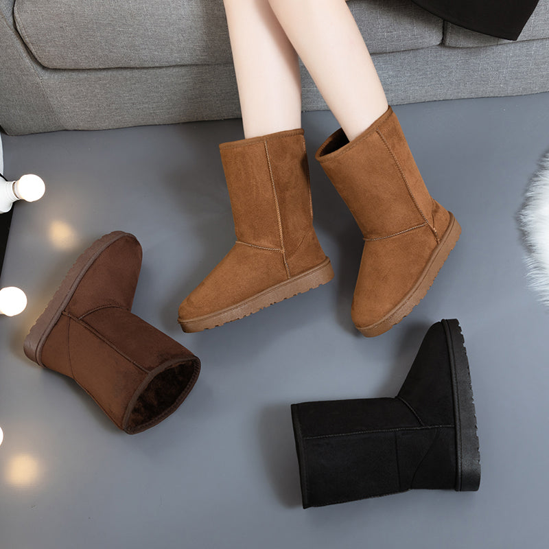 BCEBYL’s neue und bequeme Winter-Schneestiefel mit runder Zehenform, dicker Sohle, einfarbigem Design, warmem Samt und modischer Höhe bis zur Wadenmitte