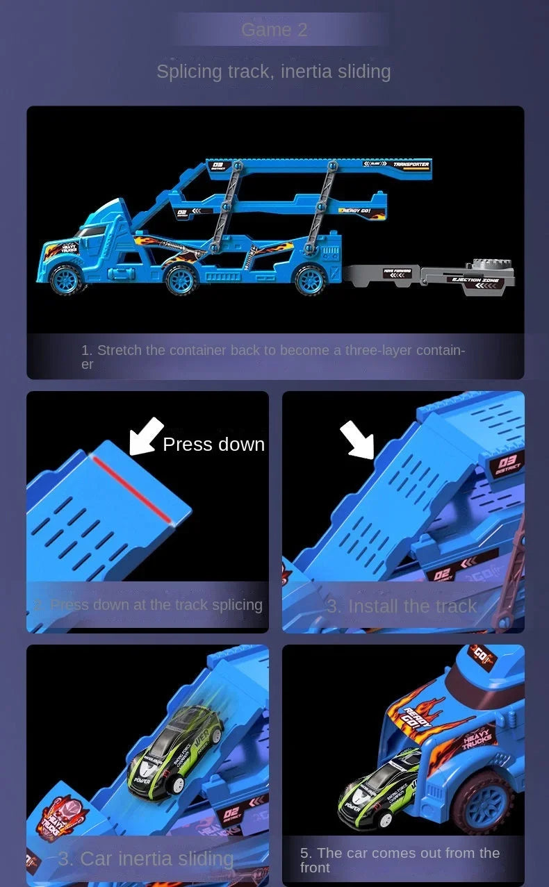 Großer Kinder-LKW / Transformations-Transporter, Fahrzeugmodelle, pädagogisches Modell, faltbare Rennstrecke, Rennfahrzeug