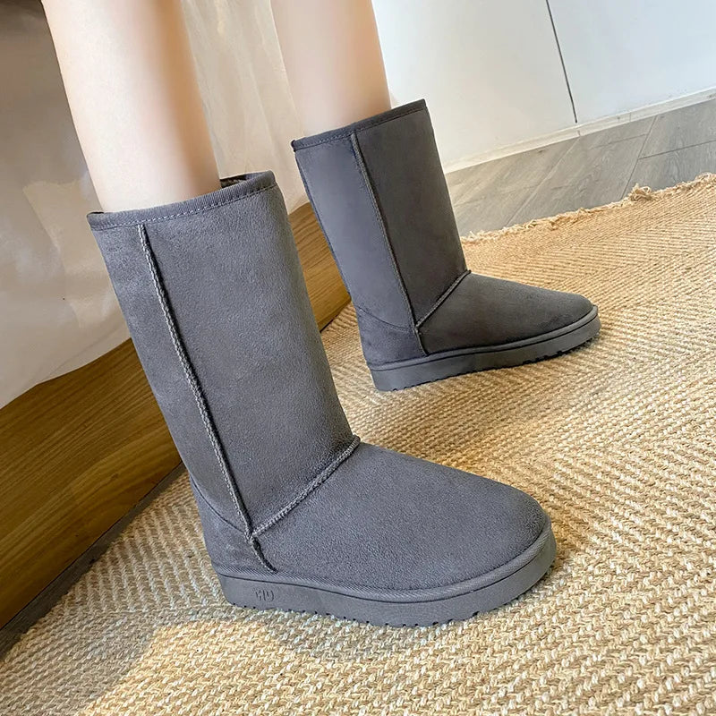 BCEBYL’s neue und bequeme Winter-Schneestiefel mit runder Zehenform, dicker Sohle, einfarbigem Design, warmem Samt und modischer Höhe bis zur Wadenmitte