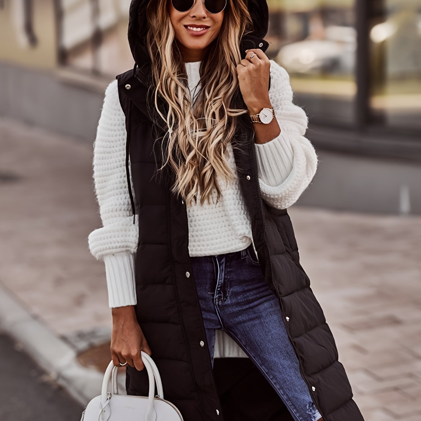 Damen-Kapuzenmantel mit Knopfleiste – Ärmelloser langer Casual-Mantel