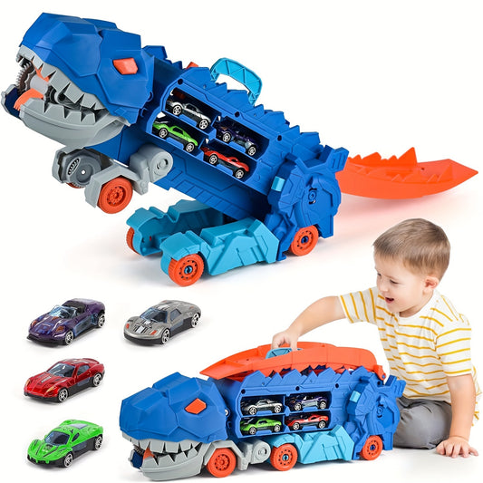 Dinosaurier Ultimate Hauler Rennbahn-Spielzeug, Dinosaurier-Transport-LKW mit klappbarer 25-Zoll-Rennbahn