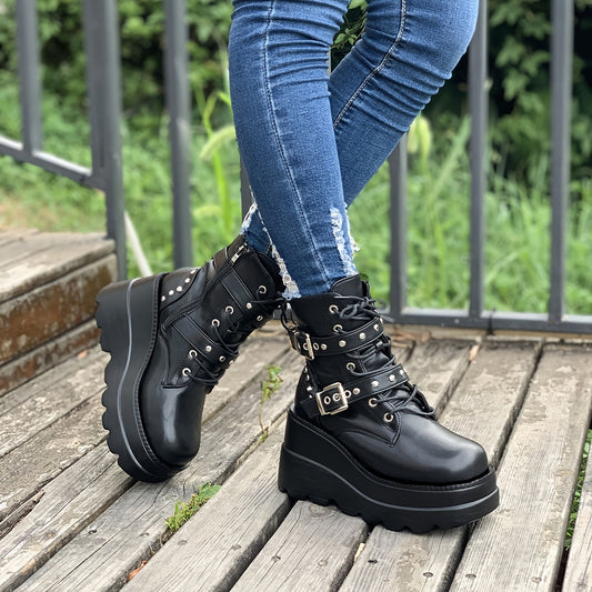 Damen-Chunky-Plateau-Stiefel – Gothic-Punk-Stiefel mit Schnürverschluss, dicken Plateauabsätzen für mehr Höhe, PU-Sohle – Markante Gothic-Punk-Schuhe für Konzerte, Partys und den Alltag