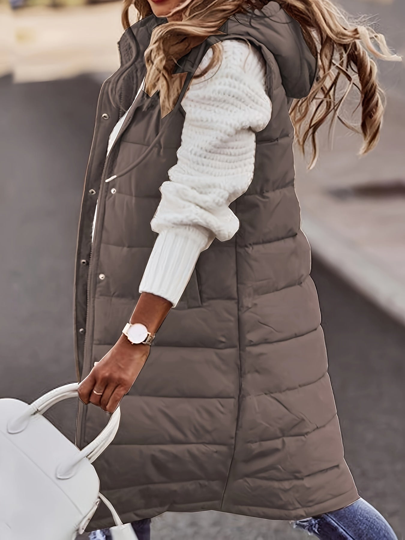 Damen-Kapuzenmantel mit Knopfleiste – Ärmelloser langer Casual-Mantel