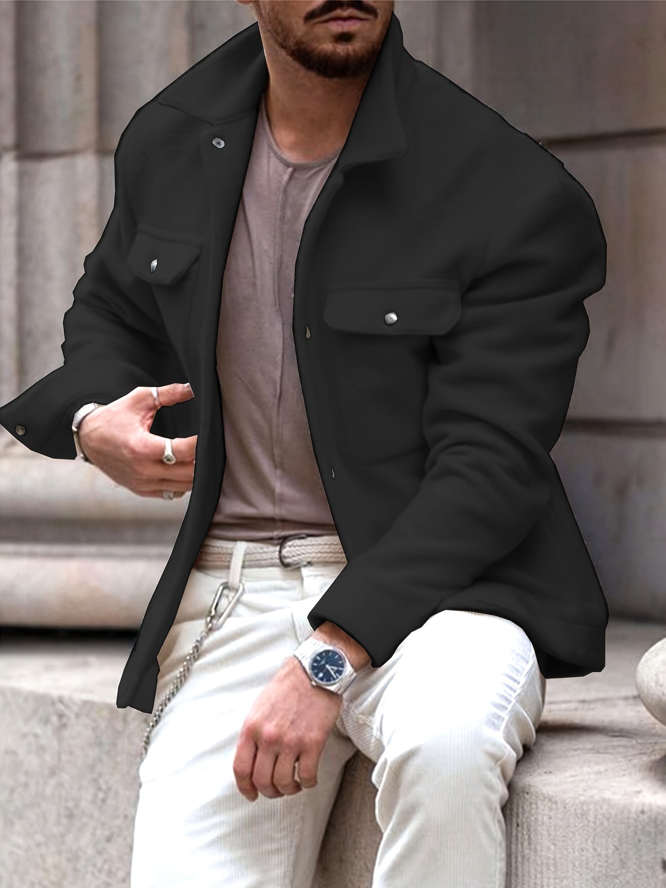 Herren Fashion-Klassik Fleecejacke – Mit umklappbarem Kragen und Druckknöpfen, weiches Strickfleece, lässig