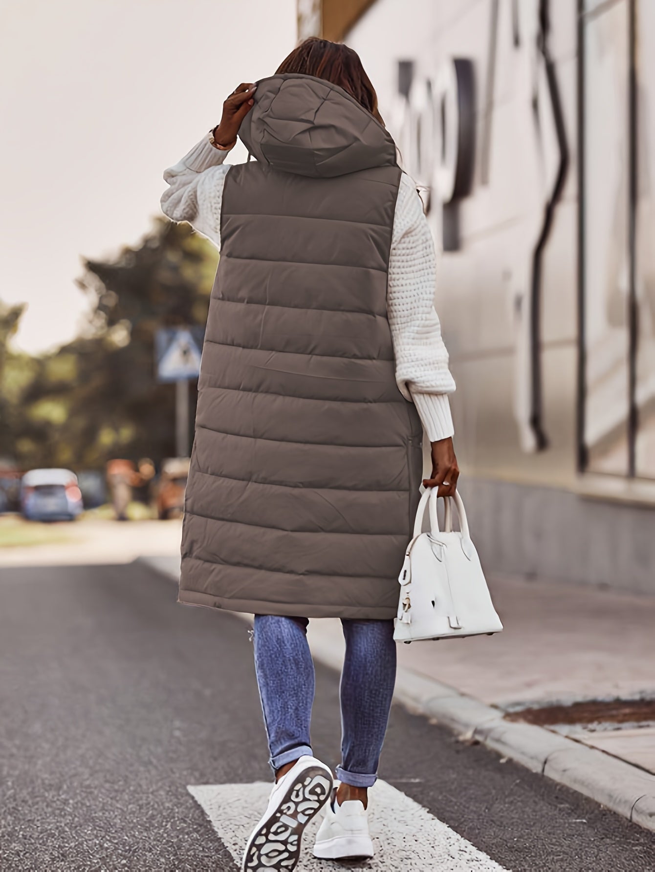 Damen-Kapuzenmantel mit Knopfleiste – Ärmelloser langer Casual-Mantel