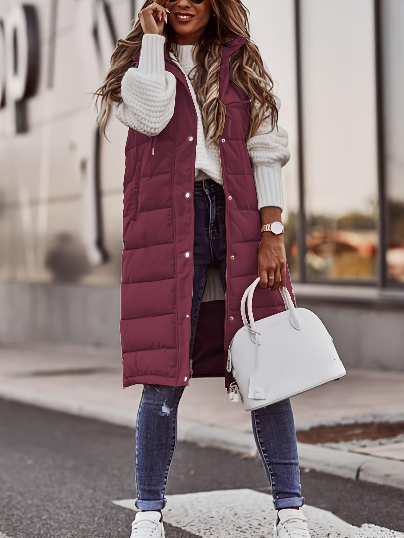 Damen-Kapuzenmantel mit Knopfleiste – Ärmelloser langer Casual-Mantel